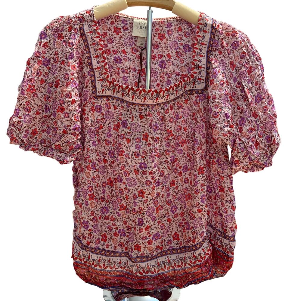 Knox Rose Women's Red Floral Short Sleeve Square Neck Shirt - Size Large - NWT